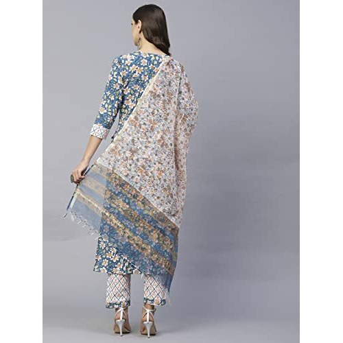 Gosriki Women's Cotton Blend Straight Printed Kurta With Pant & Dupatta (Kuntu Blue-Gs_4Xl_Blue_Xxxx-Large)