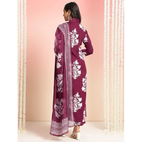 Gosriki Women's Rayon Viscose Anarkali Printed Kurta With Pant & Dupatta (Jasiwal Wine-Vks02-Gs_S_Wine_Small)