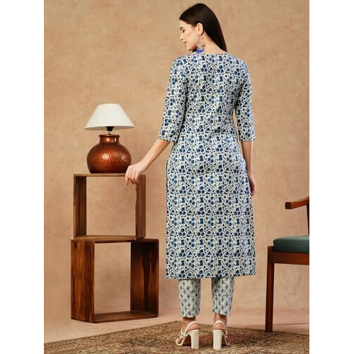 Gosriki Women's Cotton Blend Straight Printed Kurta With Pant (Nirjal Blue-Gs_S_Blue_Small)