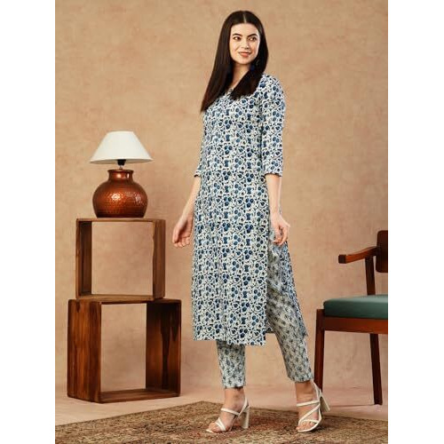 Gosriki Women's Cotton Blend Straight Printed Kurta With Pant (Nirjal Blue-Gs_S_Blue_Small)