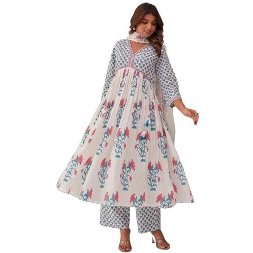 Gosriki Women's Rayon Blend Printed Anarkali Kurta With Pant & Dupatta (Betul Pink-Vks01-Gs_Xxl_Pink_Xx-Large)