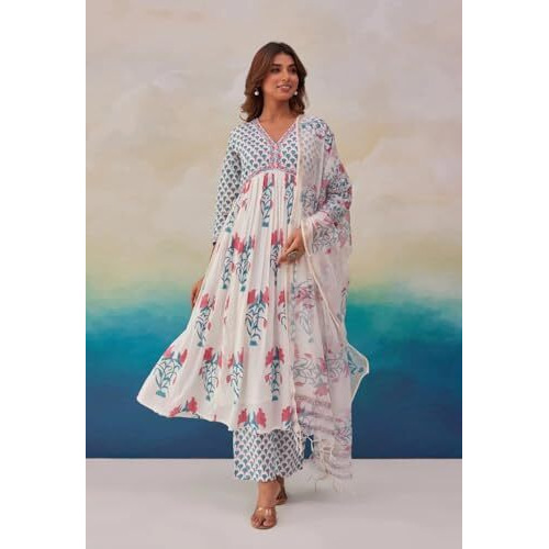 Gosriki Women's Rayon Blend Printed Anarkali Kurta With Pant & Dupatta (Betul Pink-Vks01-Gs_Xxl_Pink_Xx-Large)