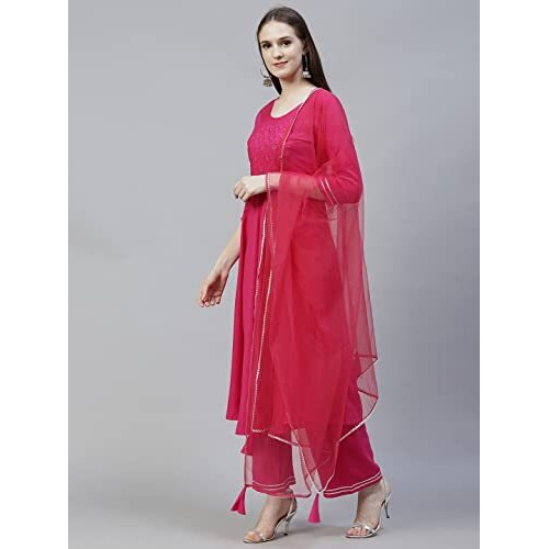 Gosriki Women's Cotton Blend Straight Kurta With Pant & Dupatta (Gumdi Pink_Xxl-Gs_Pink_Xx-Large)
