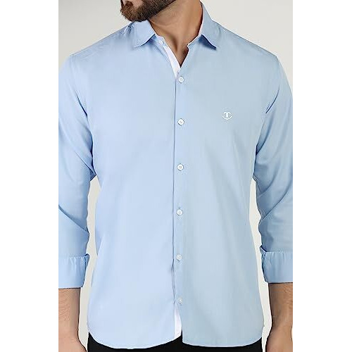 Toplot Men's Solid Slim Fit Cotton Blend Casual Shirt With Spread Collar & Full Sleeves (Plain-Shirt-5112-Sky-S)