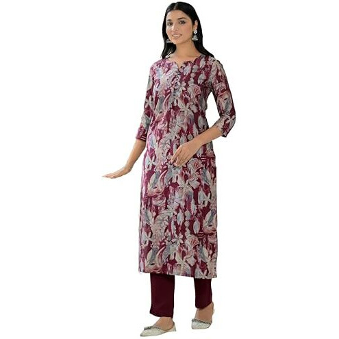 Gosriki Women's Rayon Blend Straight Printed Kurta With Pant (Oldmi Maroon-Vks01-Gs_M_Maroon_Medium)