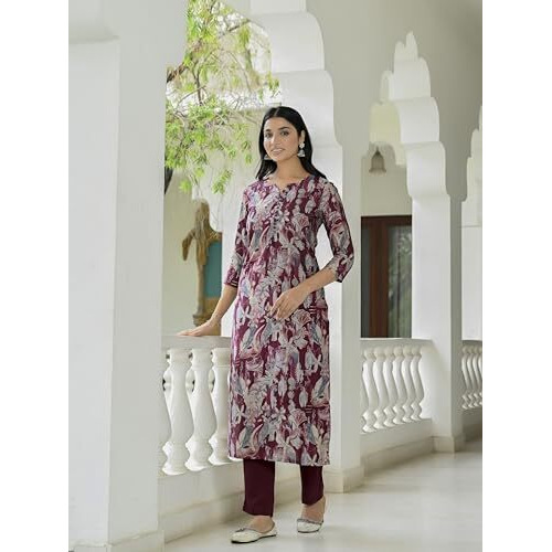 Gosriki Women's Rayon Blend Straight Printed Kurta With Pant (Oldmi Maroon-Vks01-Gs_M_Maroon_Medium)