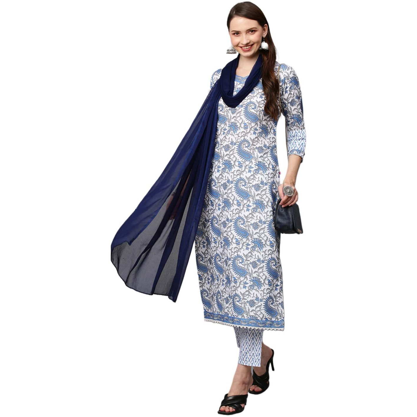 Gosriki Women's Cotton Blend Printed Straight Kurta With Pant & Dupatta (Please-Nw-Blue_M-Gs_Blue_Medium)