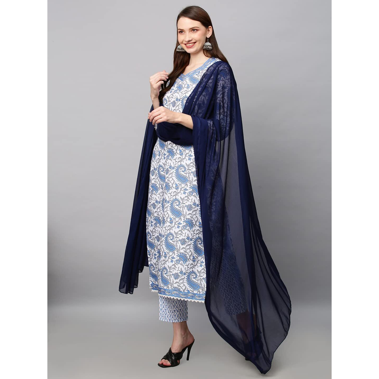 Gosriki Women's Cotton Blend Printed Straight Kurta With Pant & Dupatta (Please-Nw-Blue_M-Gs_Blue_Medium)