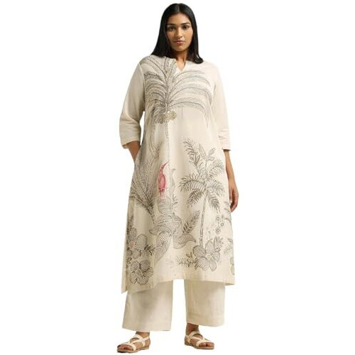 Gosriki Women's Cotton Blend Straight Printed Kurta With Pant (Nenisha Cream-Gs_Xl_Cream_X-Large)