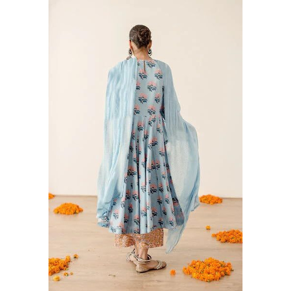 Gosriki Women's Rayon Blend Anarkali Printed Kurta With Palazzo & Dupatta (Sujawali Blue-Gs_Xxl_Blue_Xx-Large)