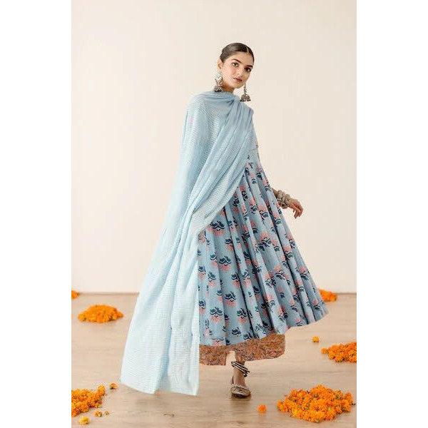 Gosriki Women's Rayon Blend Anarkali Printed Kurta With Palazzo & Dupatta (Sujawali Blue-Gs_Xxl_Blue_Xx-Large)