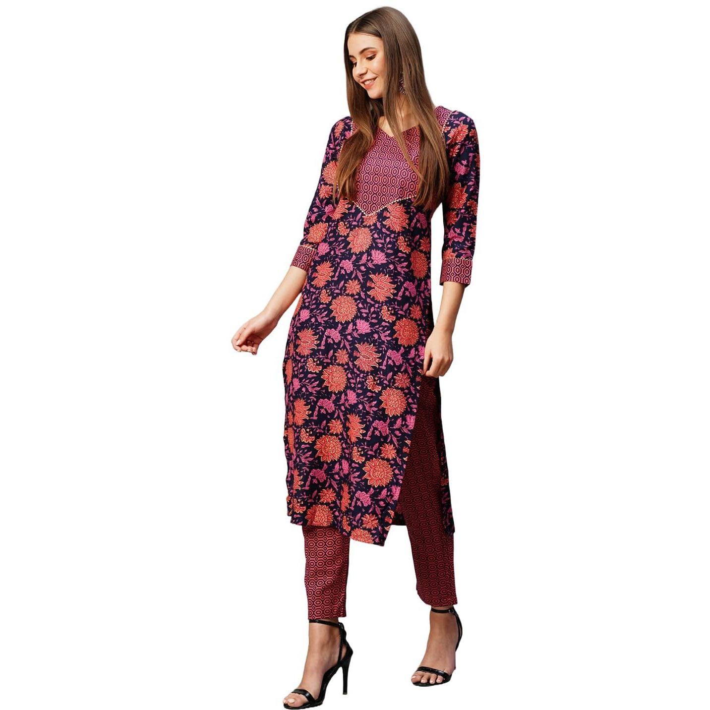 Gosriki Women's Cotton Blend Straight Printed Kurta With Pant (Cat Maroon-Kbv-Gs_L_Maroon_Large)