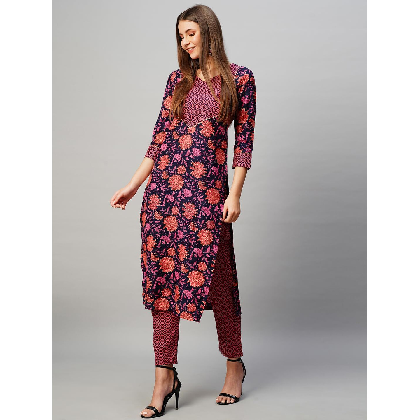 Gosriki Women's Cotton Blend Straight Printed Kurta With Pant (Cat Maroon-Kbv-Gs_L_Maroon_Large)