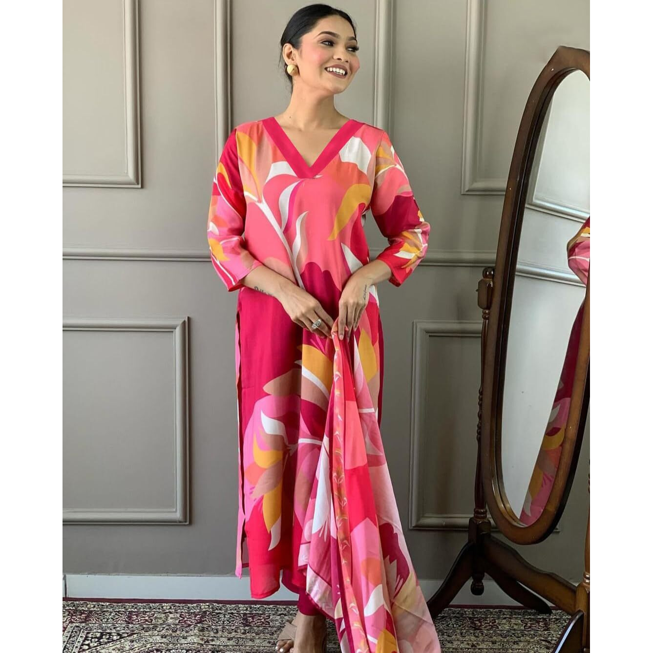 Gosriki Women's Cotton Blend Printed Straight Kurta With Pant & Dupatta (Tumari Pink-Gs_S_Pink_Small)