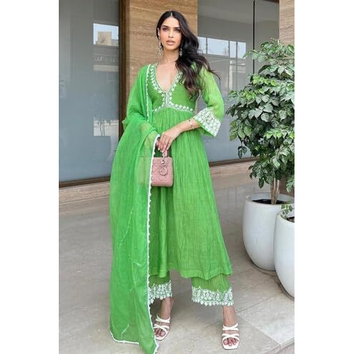 Gosriki Women's Rayon Blend Anarkali Embroidered Kurta With Pant & Dupatta (Niket Green-Gs_Xxl_Green_Xx-Large)