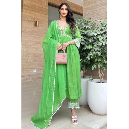 Gosriki Women's Rayon Blend Anarkali Embroidered Kurta With Pant & Dupatta (Niket Green-Gs_Xxl_Green_Xx-Large)