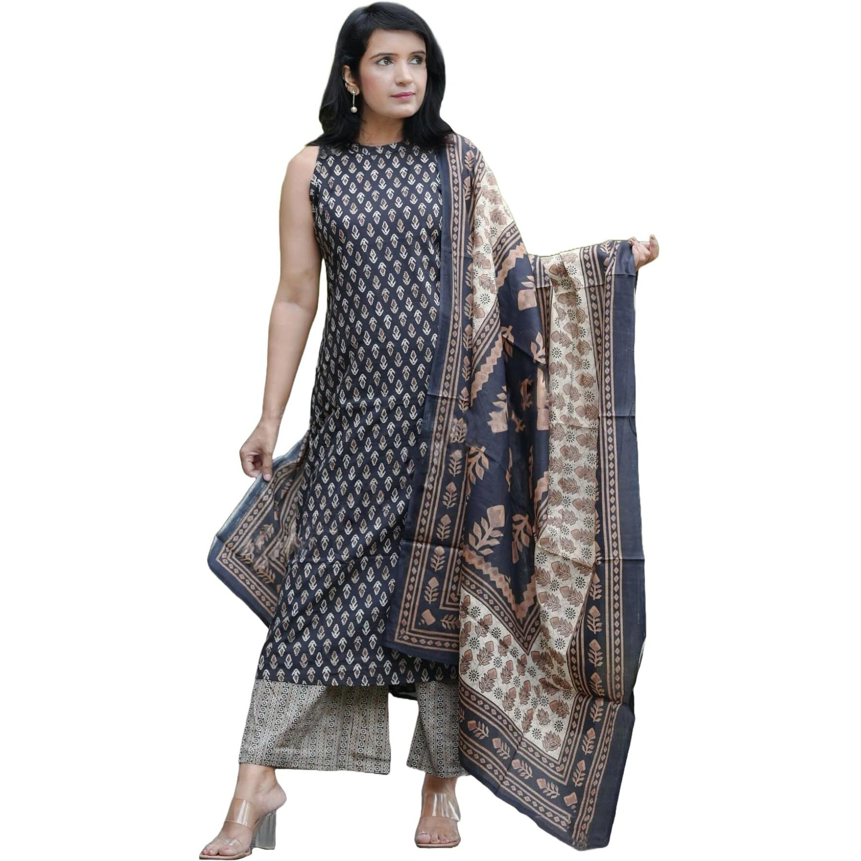 Gosriki Women's Rayon Blend Straight Printed Kurta With Pant & Dupatta (Canasi Blue-Gs_S_Blue_Small)
