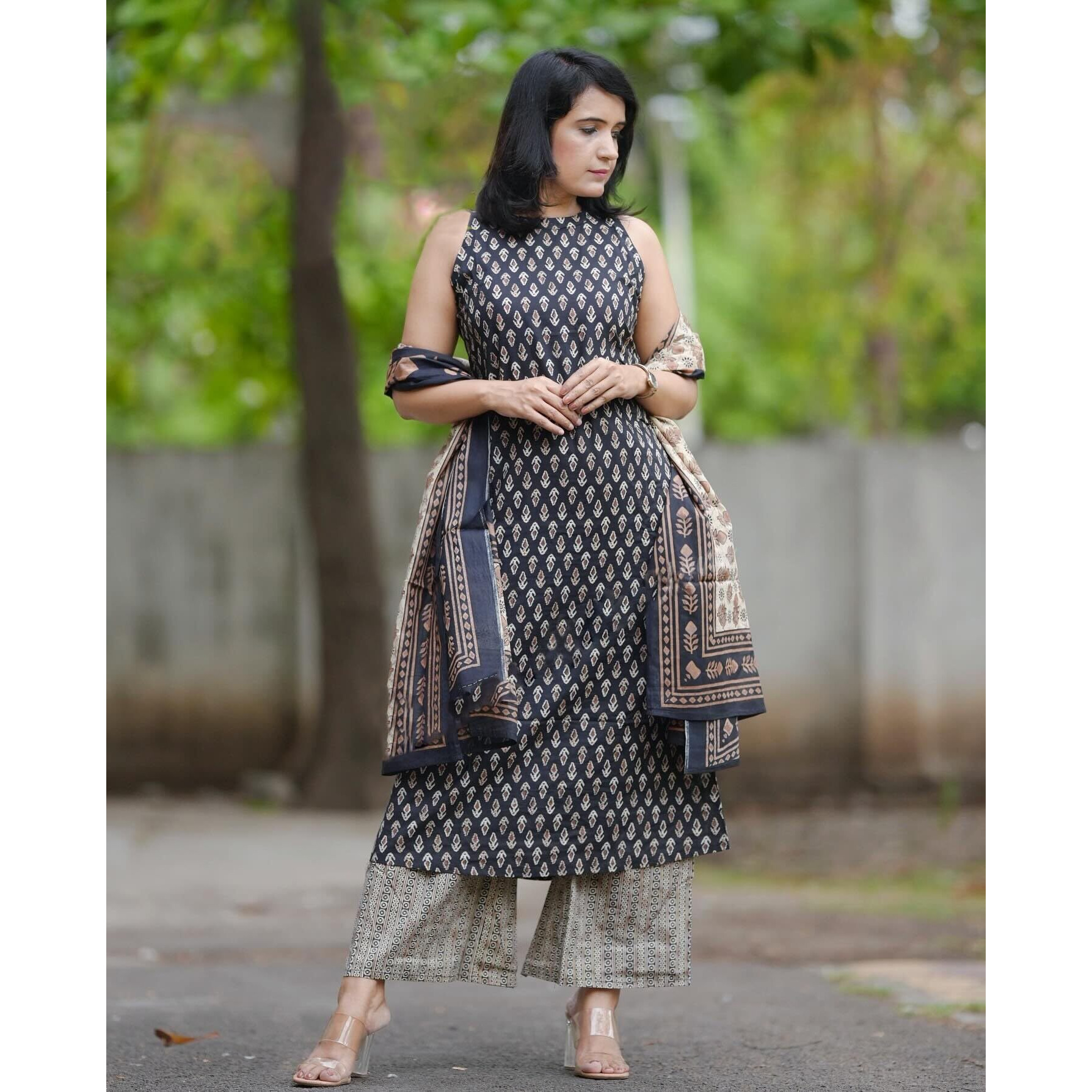 Gosriki Women's Rayon Blend Straight Printed Kurta With Pant & Dupatta (Canasi Blue-Gs_S_Blue_Small)