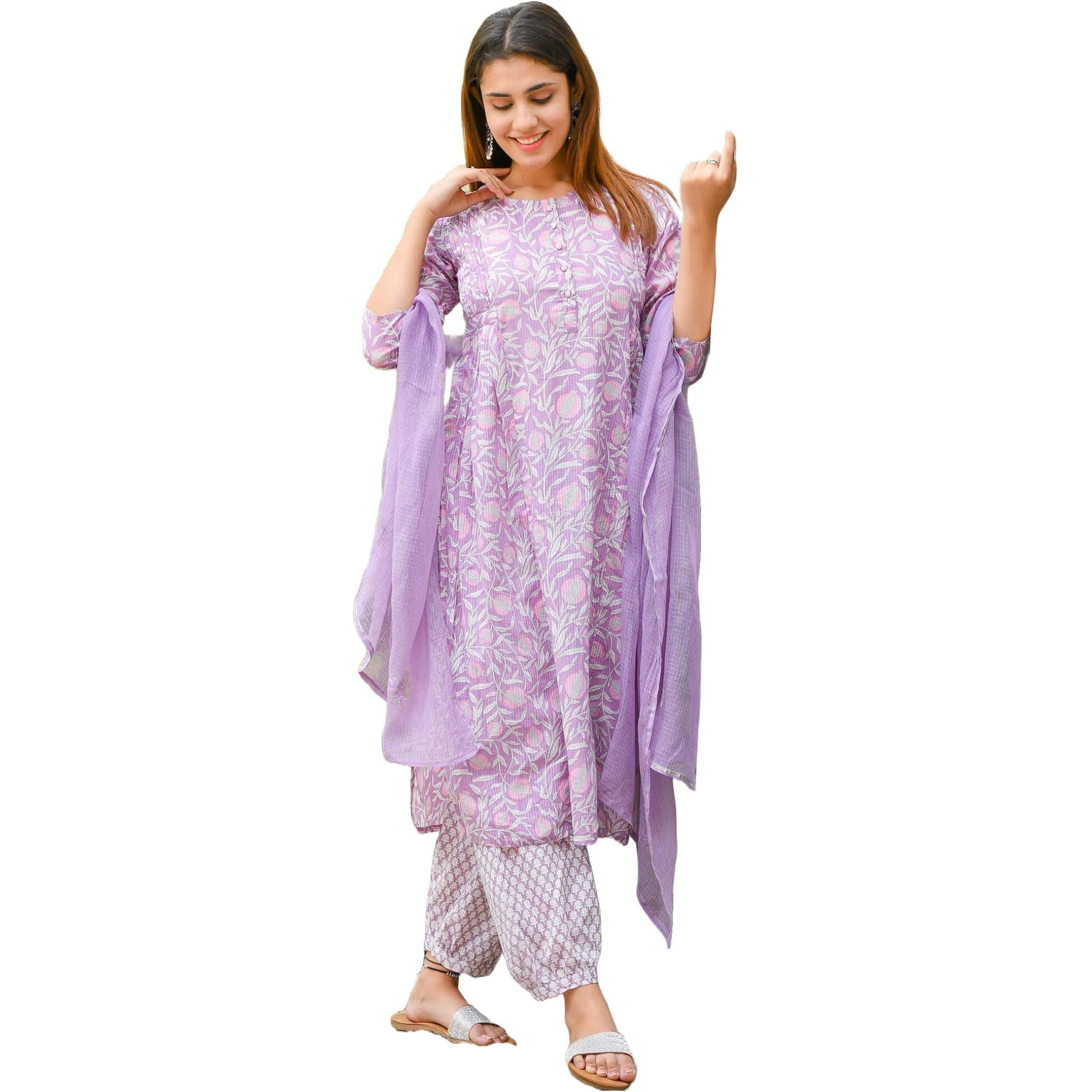 Gosriki Women's Rayon Blend Straight Printed Kurta With Pant & Dupatta (Welco-Purple-Gs_Xxl_Purple_Xx-Large)