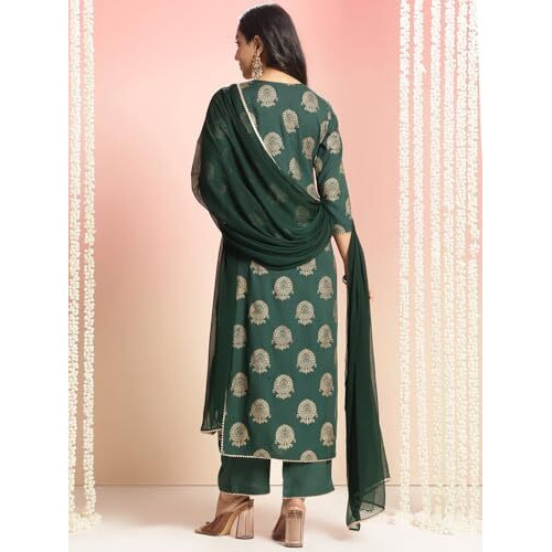 Gosriki Women's Rayon Blend Printed Straight Kurta With Pant & Dupatta (Jubal Green-Gs_S_Green_Small)