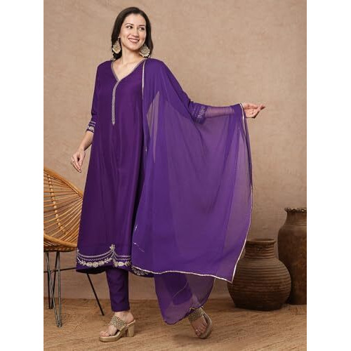 Gosriki Women's Rayon Blend Anarkali Embroidered Kurta With Pant & Dupatta (Ranibai Blue-Vks03-Gs_L_Blue_Large)