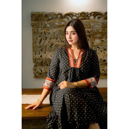 Gosriki Women's Rayon Blend Anarkali Printed Kurta With Pant (Karidos Black-Vks05-Gs_Xxl_Black_Xx-Large)