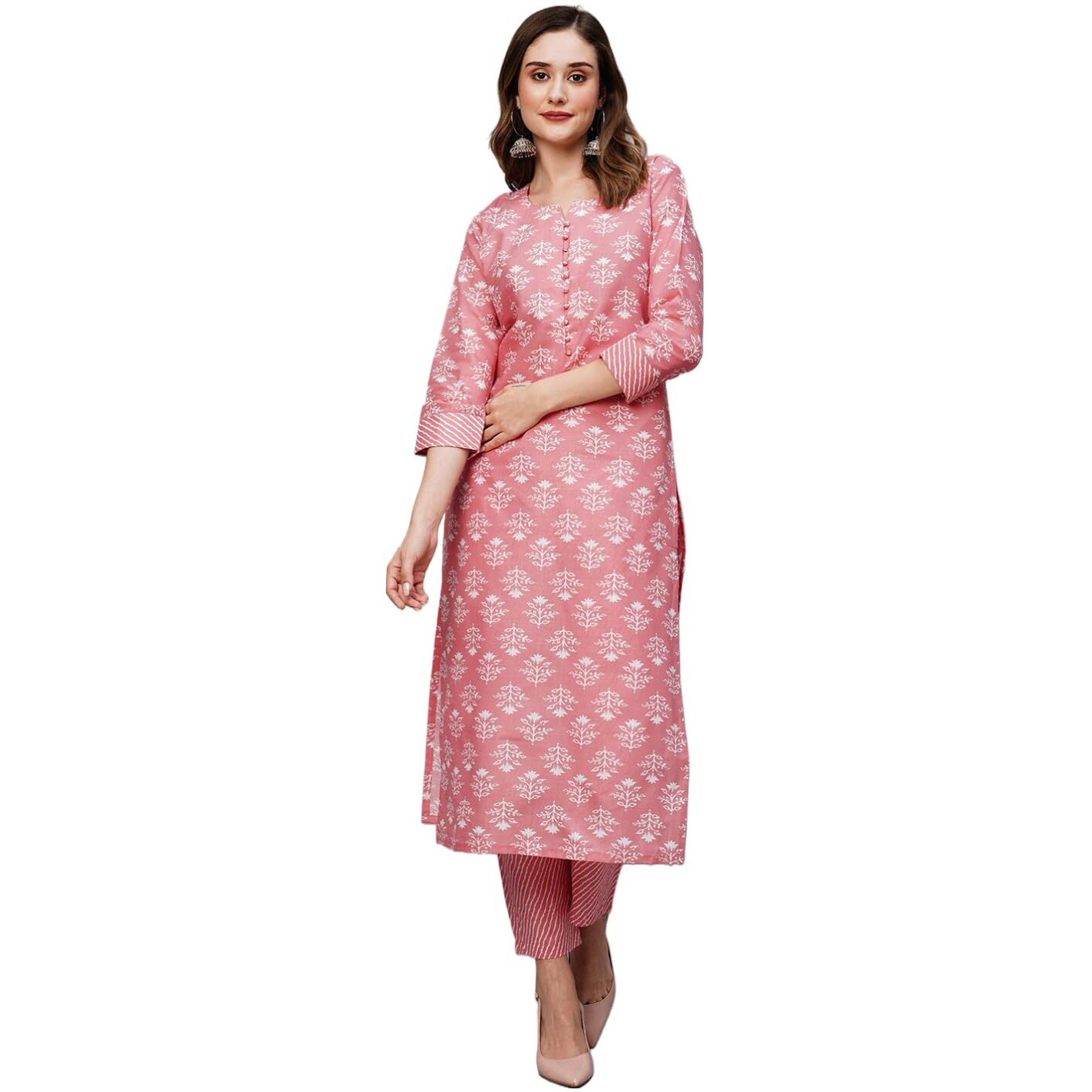 Gosriki Women's Cotton Blend Printed Straight Kurta With Pant (Kidaya Pink-Nw-Gs_S_Pink_Small)
