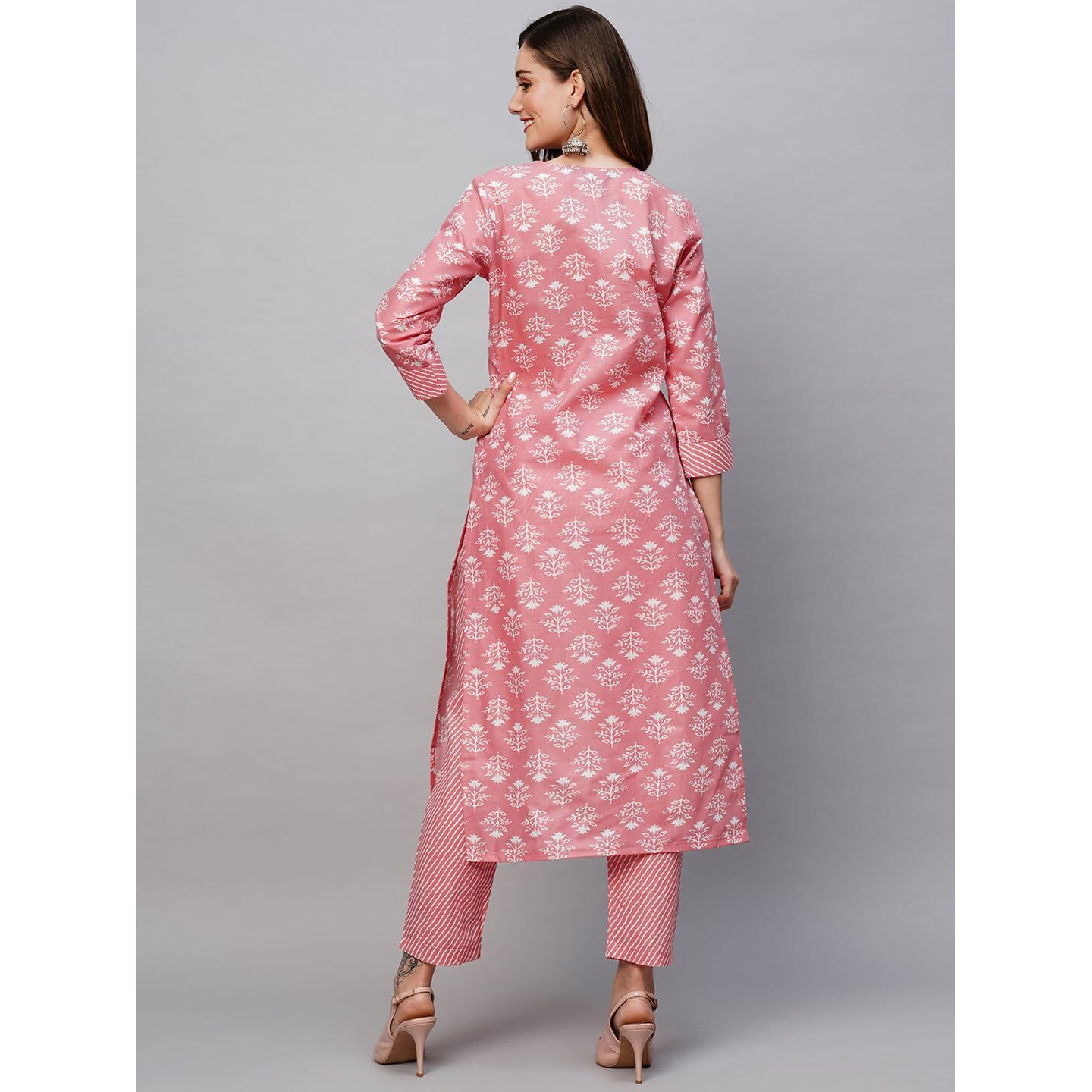 Gosriki Women's Cotton Blend Printed Straight Kurta With Pant (Kidaya Pink-Nw-Gs_S_Pink_Small)