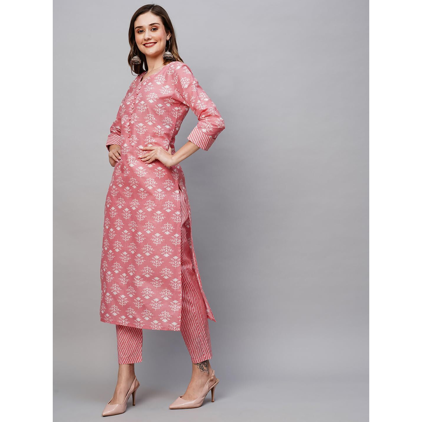 Gosriki Women's Cotton Blend Printed Straight Kurta With Pant (Kidaya Pink-Nw-Gs_S_Pink_Small)