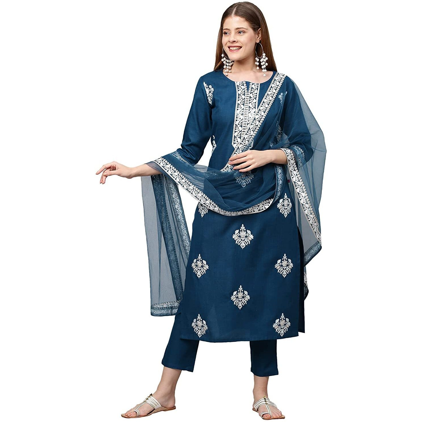 Gosriki Women's Cotton Blend Straight Embroidered Kurta With Pant & Dupatta (Weekend Rama-New_L-Go_Rama_Large)