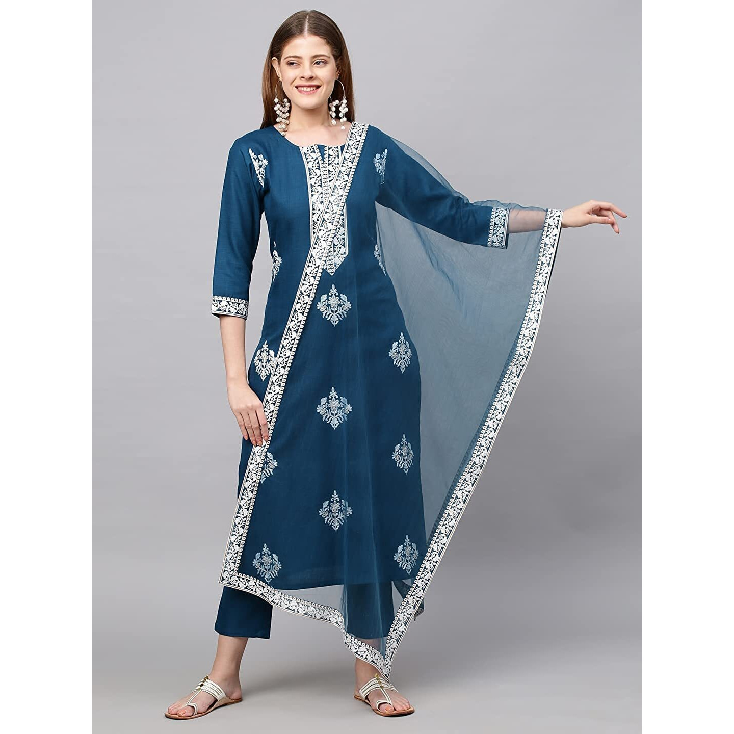 Gosriki Women's Cotton Blend Straight Embroidered Kurta With Pant & Dupatta (Weekend Rama-New_L-Go_Rama_Large)