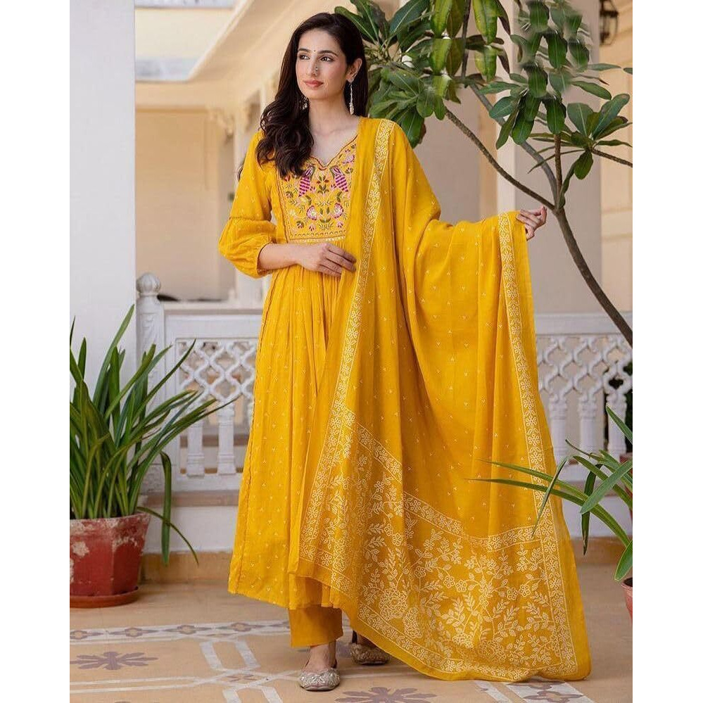 Gosriki Women's Rayon Viscose Embroidered Anarkali Kurta With Pant & Dupatta (Kanota Yellow-Vks06-Gs_S_Yellow_Small)