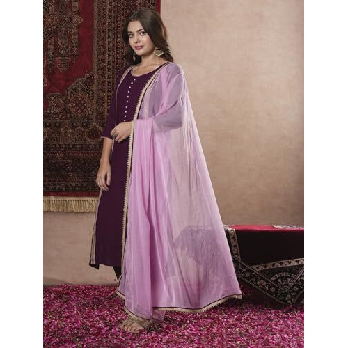 Gosriki Women's Cotton Blend Straight Solid Kurta With Pant & Dupatta (Dhulipala Wine-Vks01-Gs_Xxl_Wine_Xx-Large)
