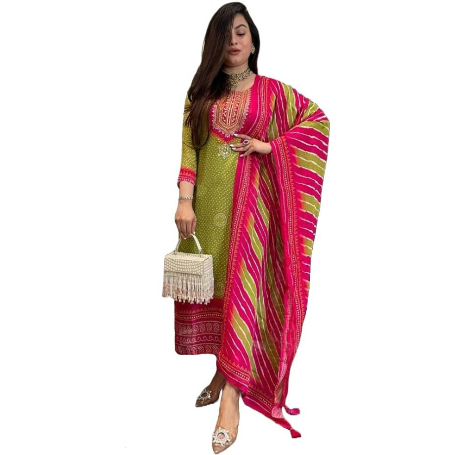 Gosriki Women's Rayon Viscose Straight Bandhej Printed Kurta With Pant & Dupatta (Navima Green-Gs_L_Green_Large)