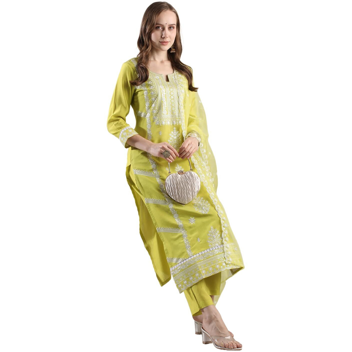 Gosriki Women's Rayon Blend Straight Embroidered Kurta With Pant & Dupatta (Carlton Lemon-Vks02-Gs_L_Lemon_Large)