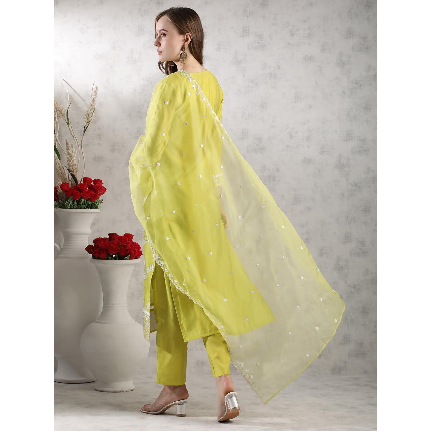 Gosriki Women's Rayon Blend Straight Embroidered Kurta With Pant & Dupatta (Carlton Lemon-Vks02-Gs_L_Lemon_Large)