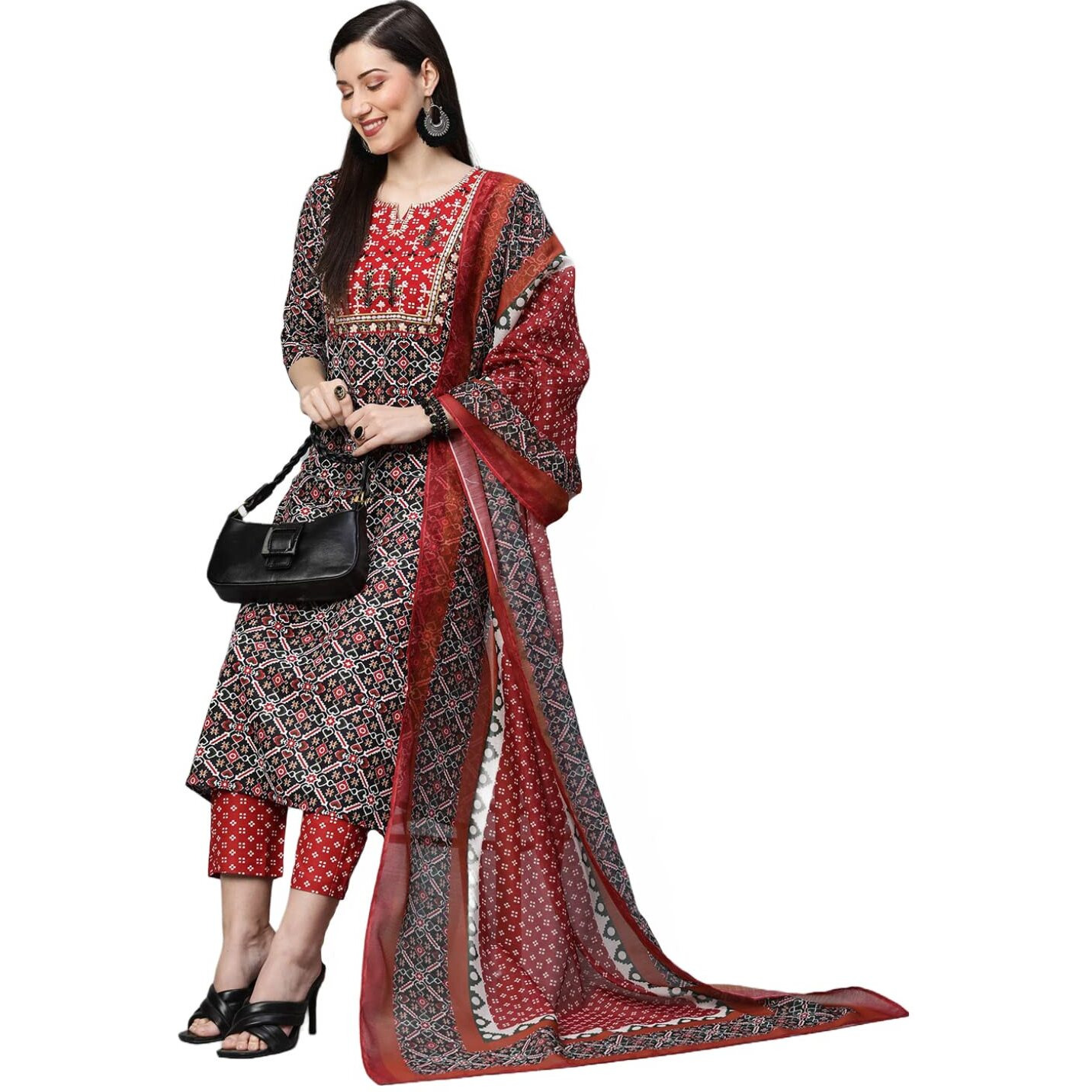 Gosriki Women's Cotton Blend Straight Printed Kurta With Pant & Dupatta Set (Makshi Red-Nv_S-Gs_Red_Small)