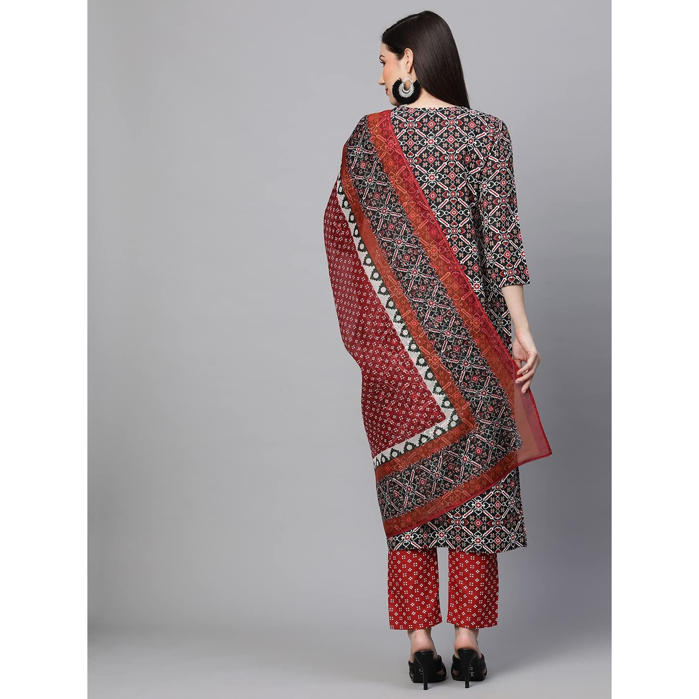 Gosriki Women's Cotton Blend Straight Printed Kurta With Pant & Dupatta Set (Makshi Red-Nv_S-Gs_Red_Small)