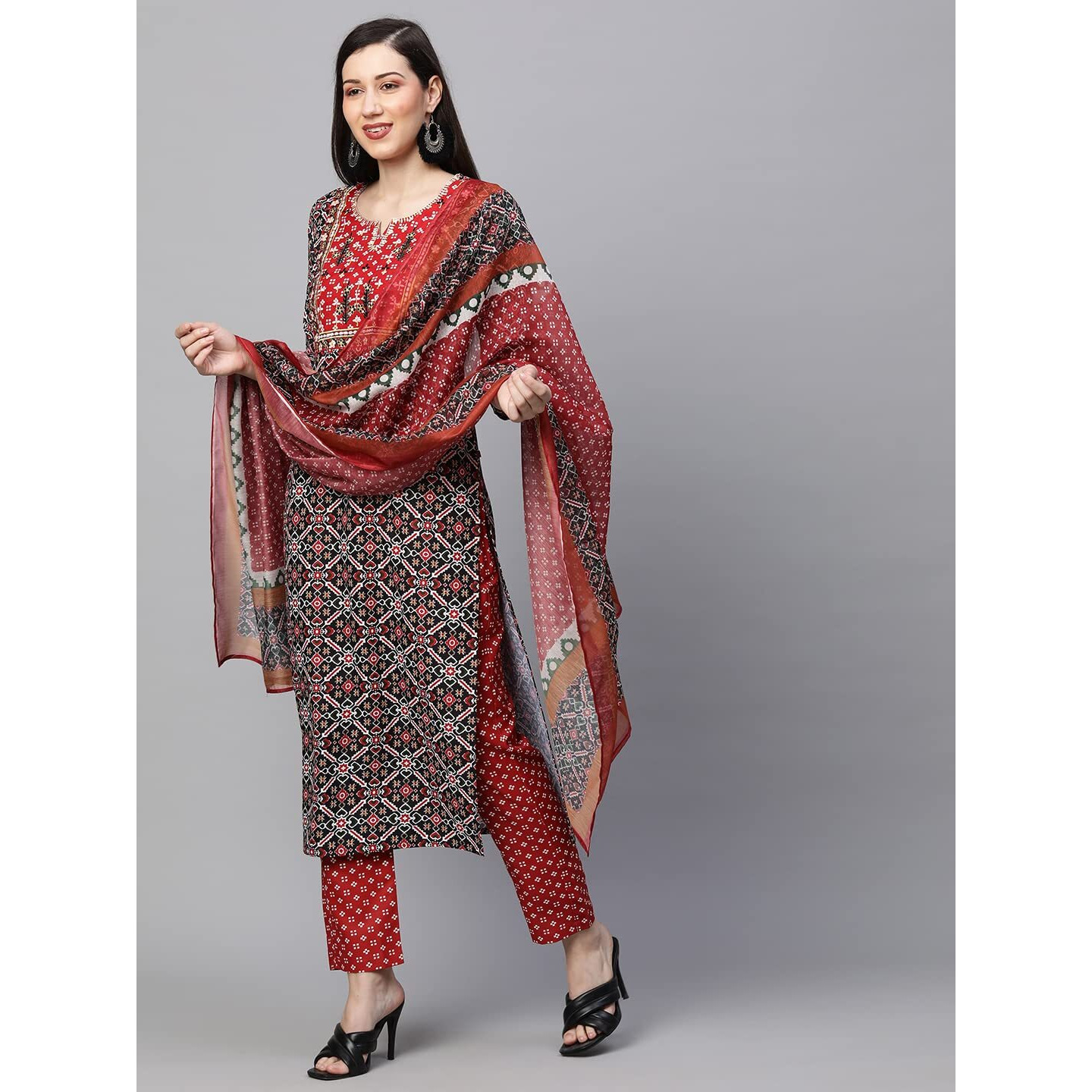 Gosriki Women's Cotton Blend Straight Printed Kurta With Pant & Dupatta Set (Makshi Red-Nv_S-Gs_Red_Small)