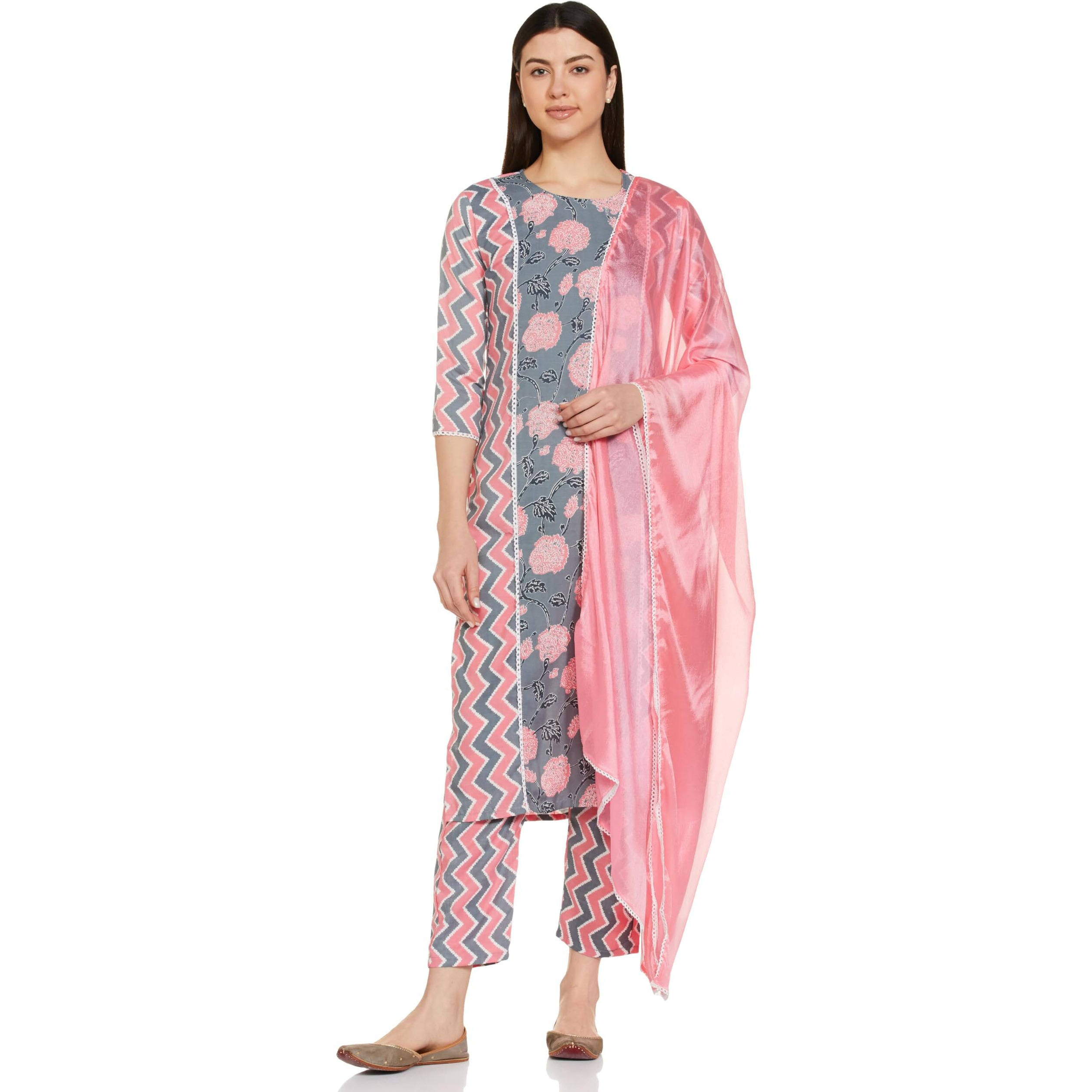 Gosriki Women's Cotton Blend Printed Straight Kurta With Pant & Dupatta (Rinki Grey_Xxl-Go_Grey_Xx-Large)