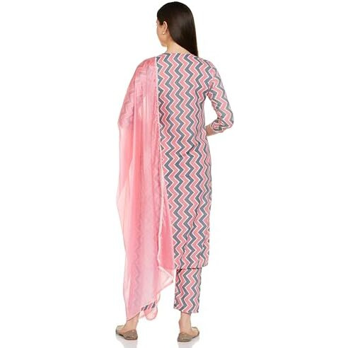 Gosriki Women's Cotton Blend Printed Straight Kurta With Pant & Dupatta (Rinki Grey_Xxl-Go_Grey_Xx-Large)