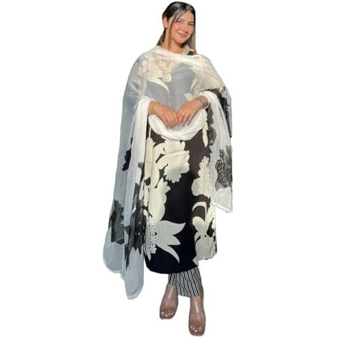 Gosriki Women's Rayon Viscose Printed Straight Kurta With Pant & Dupatta (5Jee Black-Vks03-Gs_S_Black_Small)