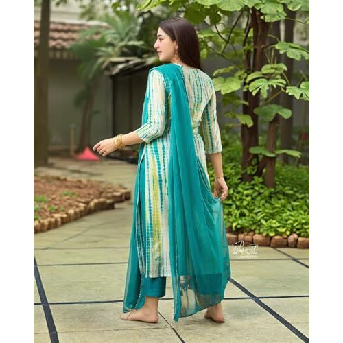 Gosriki Women's Rayon Viscose Printed Straight Kurta With Pant & Dupatta (Tiedye Rama Green-Vks05-Gs_Xl_Green_X-Large)