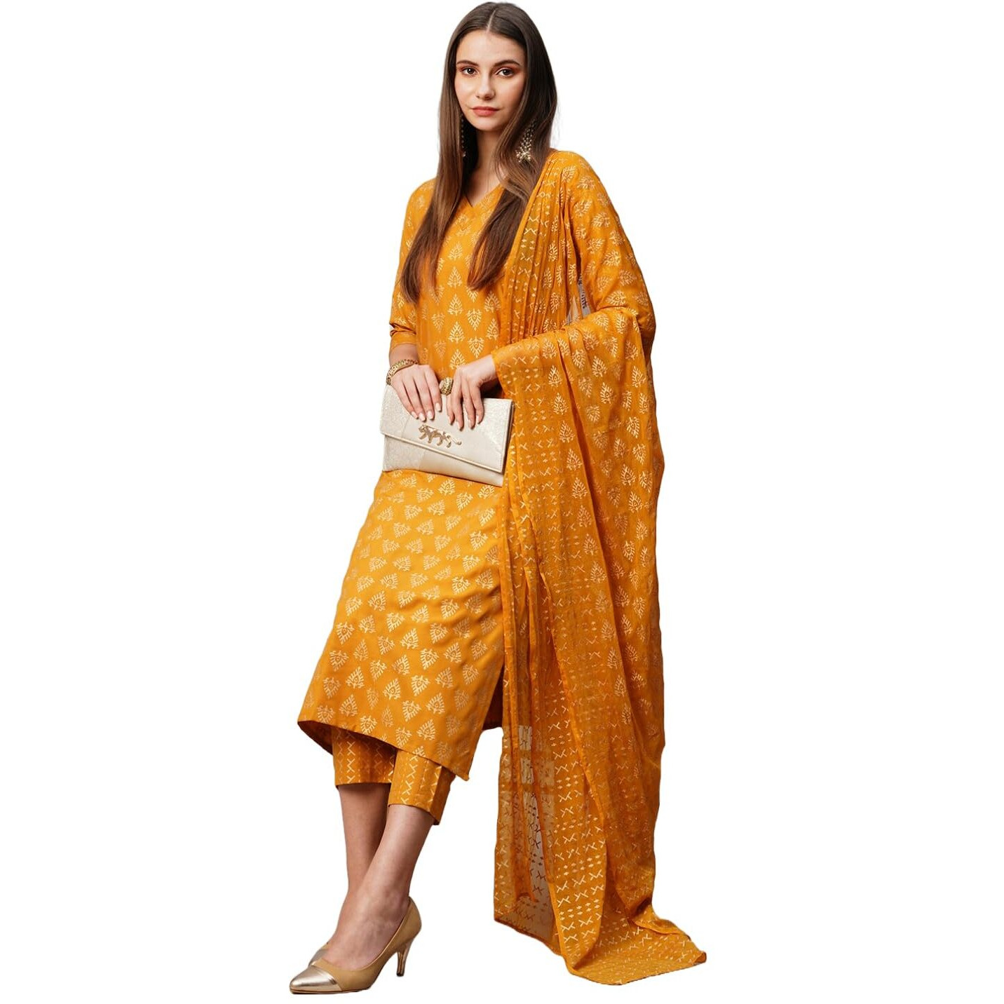 Gosriki Women's Cotton Blend Straight Printed Kurta With Pant & Dupatta (Mohmaya Mustard-Nw-Gs_Xxl_Mustard_Xx-Large)