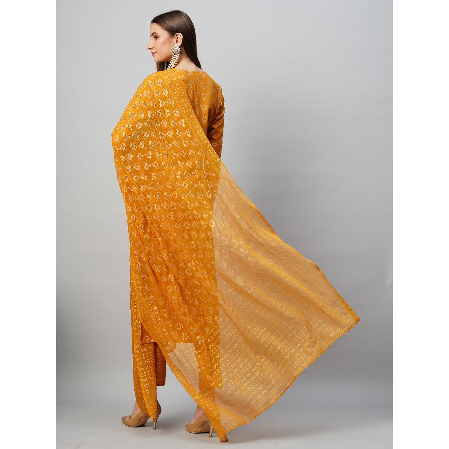 Gosriki Women's Cotton Blend Straight Printed Kurta With Pant & Dupatta (Mohmaya Mustard-Nw-Gs_Xxl_Mustard_Xx-Large)