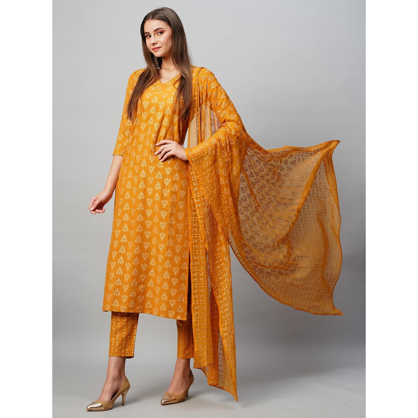 Gosriki Women's Cotton Blend Straight Printed Kurta With Pant & Dupatta (Mohmaya Mustard-Nw-Gs_Xxl_Mustard_Xx-Large)