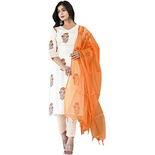 Gosriki Women's Cotton Blend Straight Printed Kurta With Pant & Dupatta (Saganeri-Orange-Cmd-Gs_S_Orange_Small)