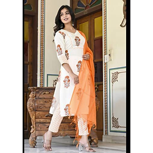 Gosriki Women's Cotton Blend Straight Printed Kurta With Pant & Dupatta (Saganeri-Orange-Cmd-Gs_S_Orange_Small)