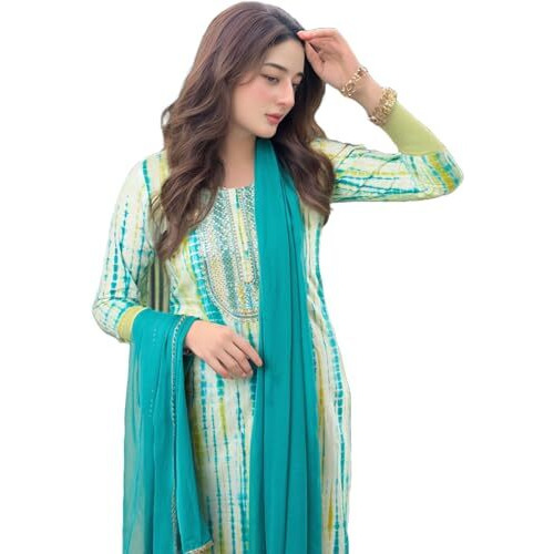 Gosriki Women's Rayon Viscose Printed Straight Kurta With Pant & Dupatta (Tiedye Rama Green-Vks04-Gs_M_Green_Medium)