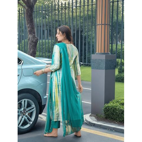 Gosriki Women's Rayon Viscose Printed Straight Kurta With Pant & Dupatta (Tiedye Rama Green-Vks04-Gs_M_Green_Medium)